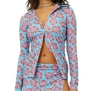 Frankie’s Bikinis Nova Terry Floral Long Sleeve Button Up Hibiscus Print